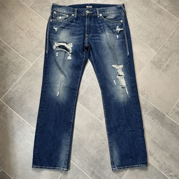 True Religion Ricky Relaxed Straight Jeans 40x34 Distressed Made in USA - Picture 9 of 16